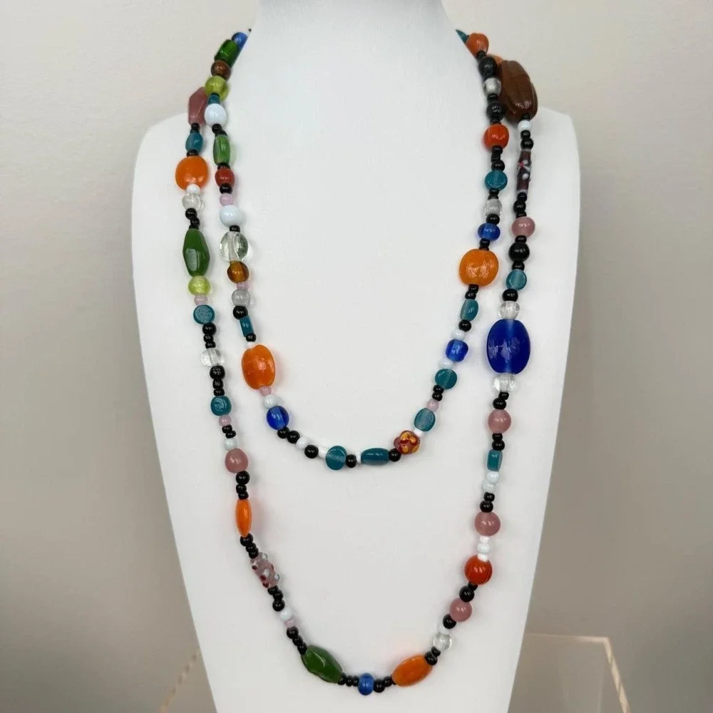 Vintage Eclectic Multi Color Glass Bead Necklace Long Single Strand Boho Style